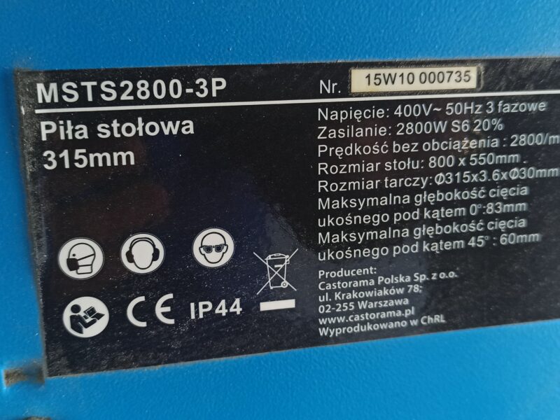 Piła stołowa budowlana MSTS2800-3P – 2800W, 400V (Siła), Tarcza 315mm